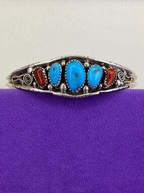 💛 Vintage Navajo Sterling Silver Turquoise Coral Cuff | Native American Jewelry